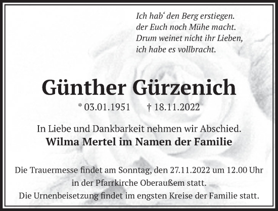 Anzeige von Günther Gürzenich von  Werbepost 