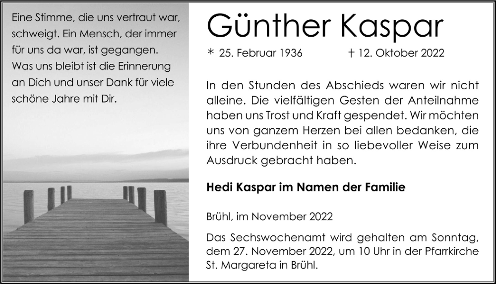  Traueranzeige für Günther Kaspar vom 11.11.2022 aus  Schlossbote/Werbekurier 