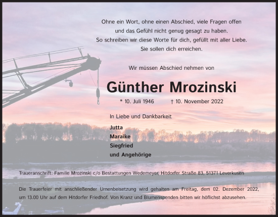 Anzeige von Günther Mrozinski von Kölner Stadt-Anzeiger / Kölnische Rundschau / Express