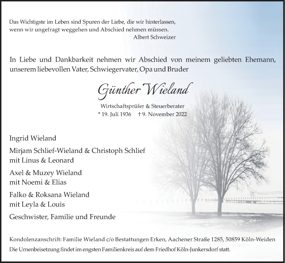  Traueranzeige für Günther Wieland vom 26.11.2022 aus Kölner Stadt-Anzeiger / Kölnische Rundschau / Express