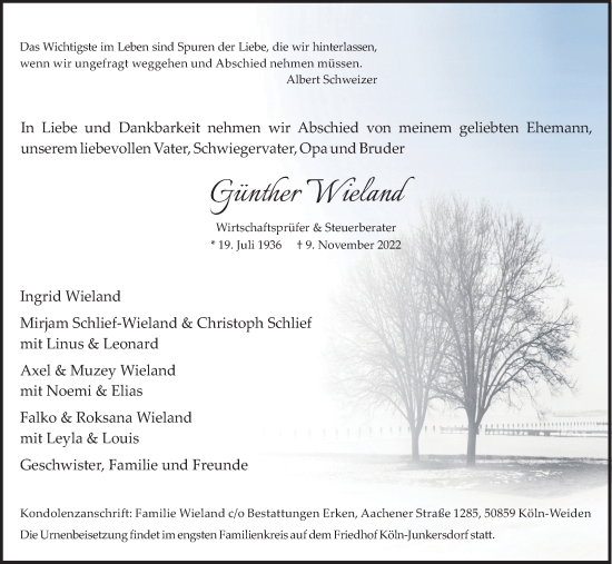 Anzeige von Günther Wieland von Kölner Stadt-Anzeiger / Kölnische Rundschau / Express