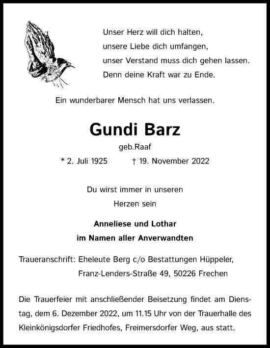 Anzeige von Gundi Barz von Kölner Stadt-Anzeiger / Kölnische Rundschau / Express