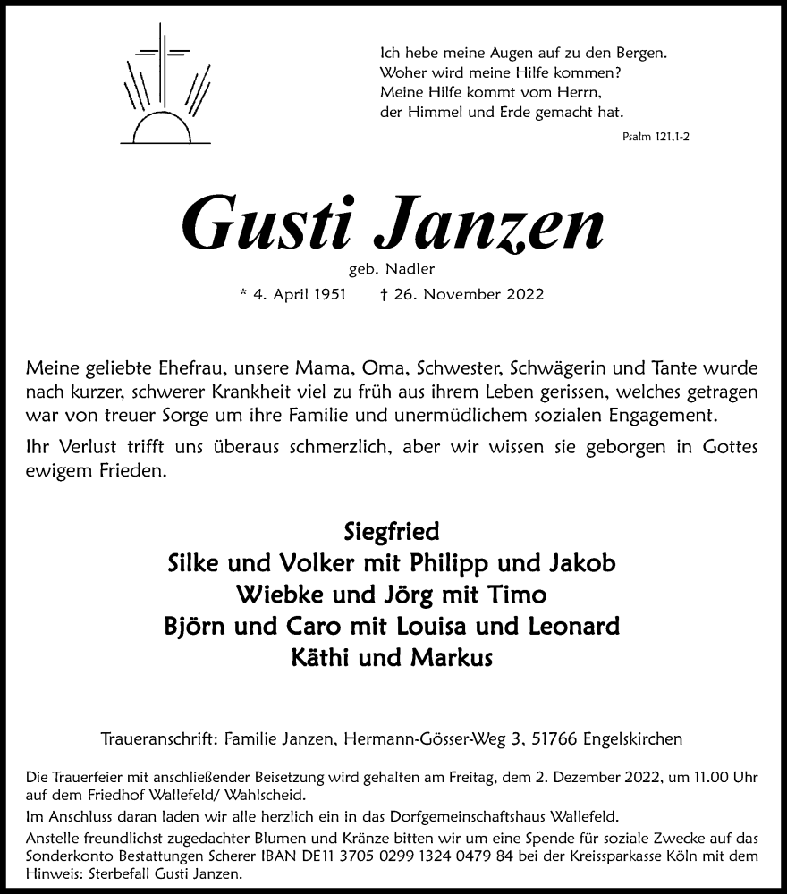  Traueranzeige für Gusti Janzen vom 29.11.2022 aus Kölner Stadt-Anzeiger / Kölnische Rundschau / Express