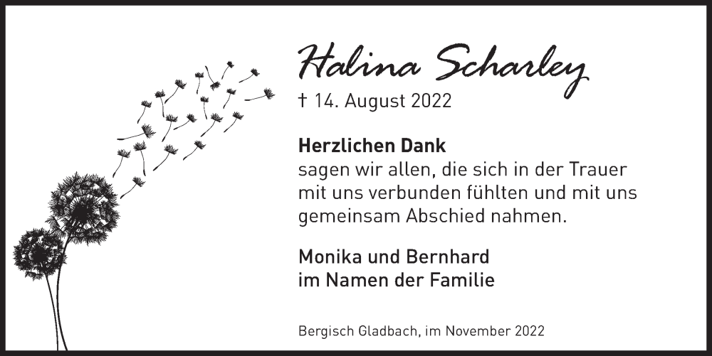  Traueranzeige für Halina Scharley vom 11.11.2022 aus  Bergisches Handelsblatt 