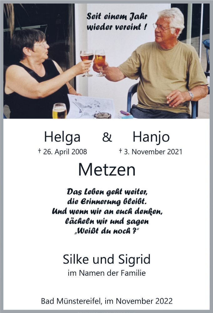  Traueranzeige für Hanjo Metzen vom 05.11.2022 aus  Blickpunkt Euskirchen 