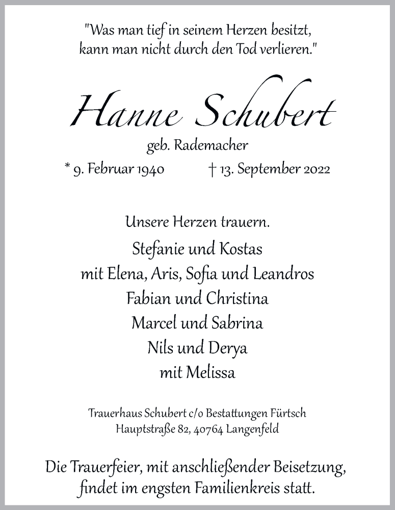  Traueranzeige für HAnne Schubert vom 12.11.2022 aus Kölner Stadt-Anzeiger / Kölnische Rundschau / Express