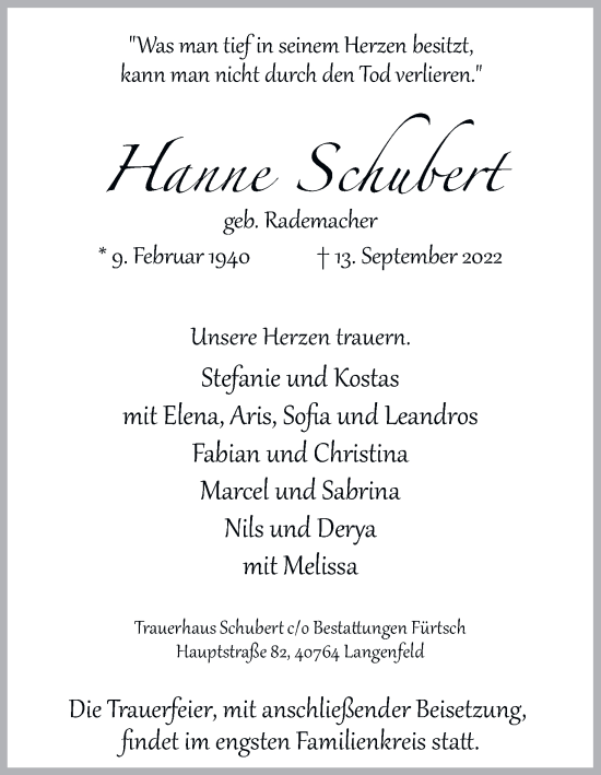 Anzeige von HAnne Schubert von Kölner Stadt-Anzeiger / Kölnische Rundschau / Express