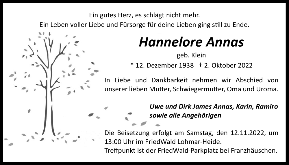  Traueranzeige für Hannelore Annas vom 11.11.2022 aus  EXPRESS - Die Woche 