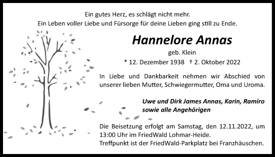 Anzeige von Hannelore Annas von  EXPRESS - Die Woche 