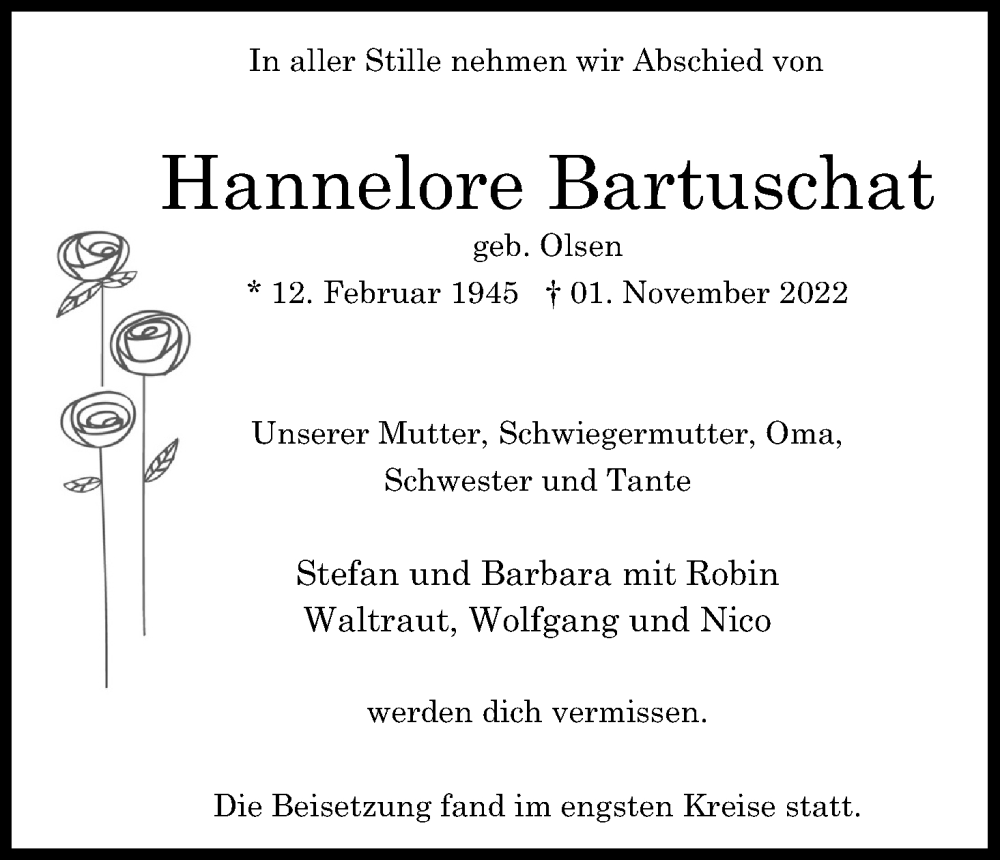  Traueranzeige für Hannelore Bartuschat vom 26.11.2022 aus Kölner Stadt-Anzeiger / Kölnische Rundschau / Express