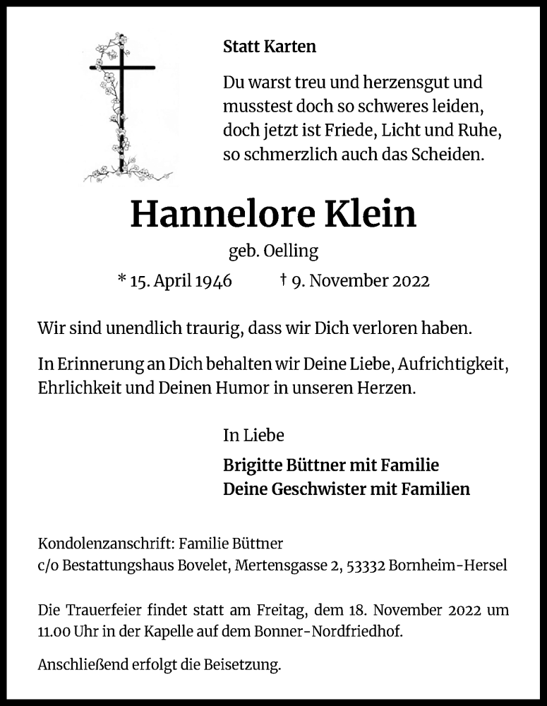  Traueranzeige für Hannelore Klein vom 12.11.2022 aus Kölner Stadt-Anzeiger / Kölnische Rundschau / Express