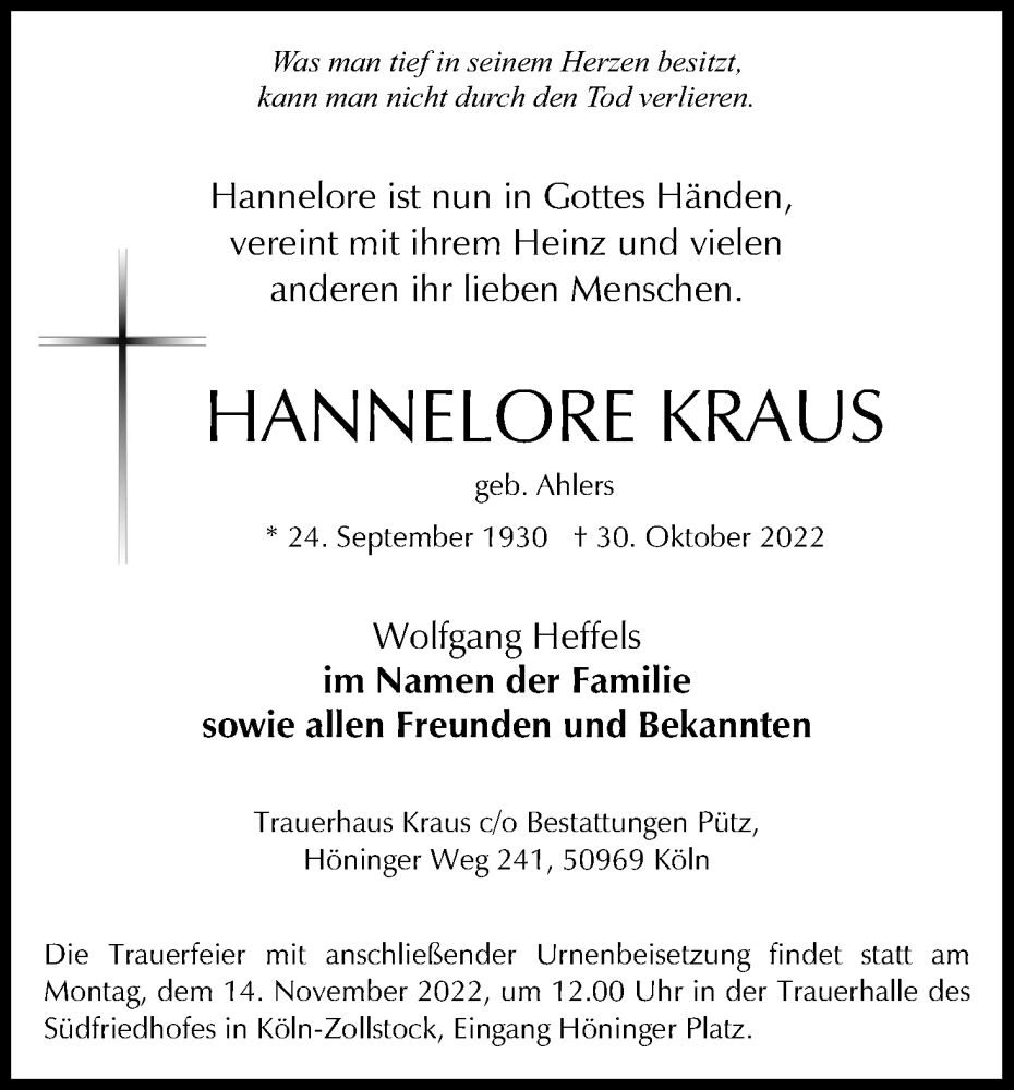  Traueranzeige für Hannelore Kraus vom 05.11.2022 aus Kölner Stadt-Anzeiger / Kölnische Rundschau / Express