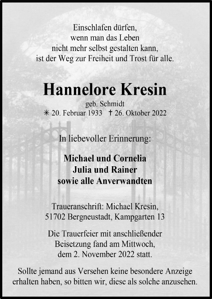  Traueranzeige für Hannelore Kresin vom 04.11.2022 aus  Anzeigen Echo 