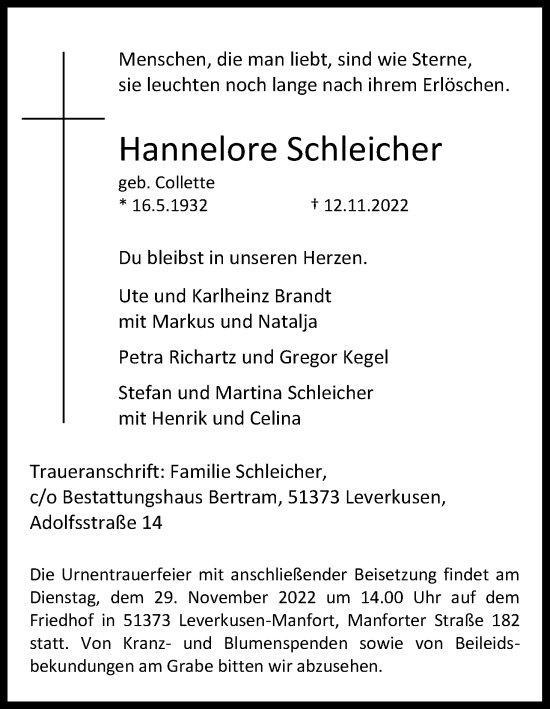 Anzeige von Hannelore Schleicher von Kölner Stadt-Anzeiger / Kölnische Rundschau / Express
