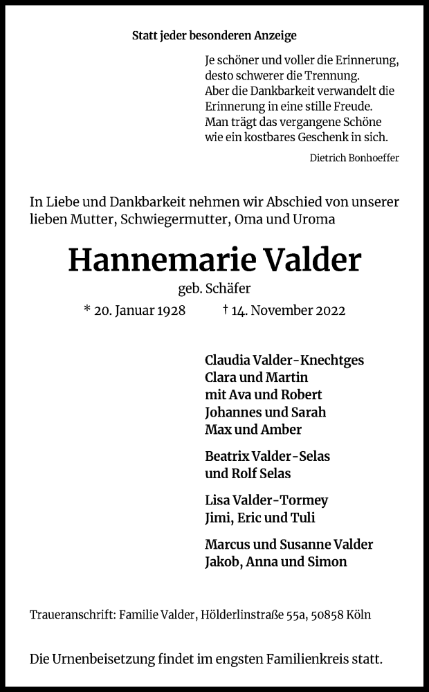  Traueranzeige für Hannemarie Valder vom 19.11.2022 aus Kölner Stadt-Anzeiger / Kölnische Rundschau / Express