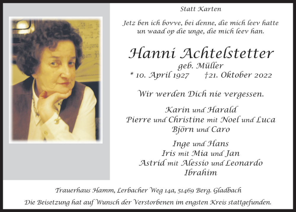  Traueranzeige für Hanni Achtelstetter vom 11.11.2022 aus  Bergisches Handelsblatt 
