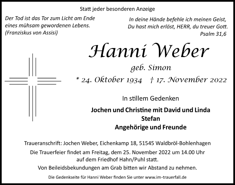  Traueranzeige für Hanni Weber vom 25.11.2022 aus  Lokalanzeiger 