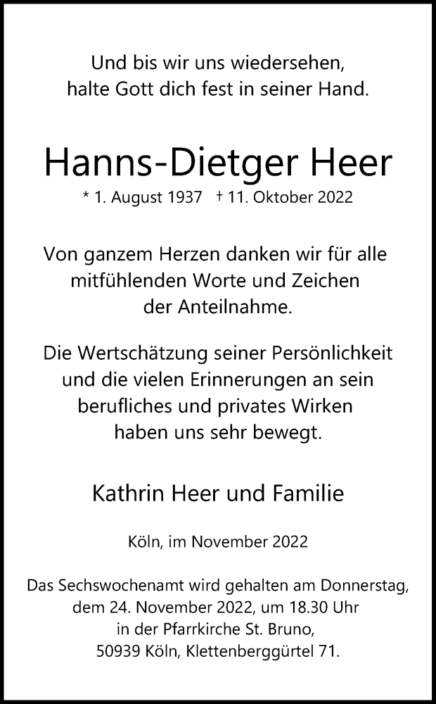  Traueranzeige für Hanns-Dietger Heer vom 19.11.2022 aus Kölner Stadt-Anzeiger / Kölnische Rundschau / Express