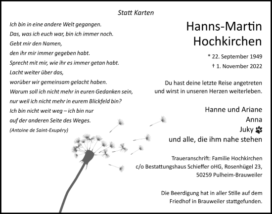 Anzeige von Hanns-Martin Hochkirchen von  Wochenende 