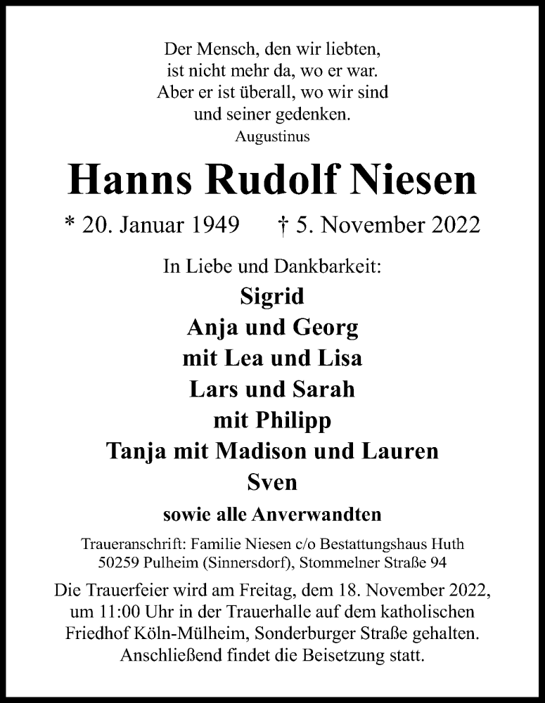  Traueranzeige für Hanns Rudolf Niesen vom 12.11.2022 aus Kölner Stadt-Anzeiger / Kölnische Rundschau / Express