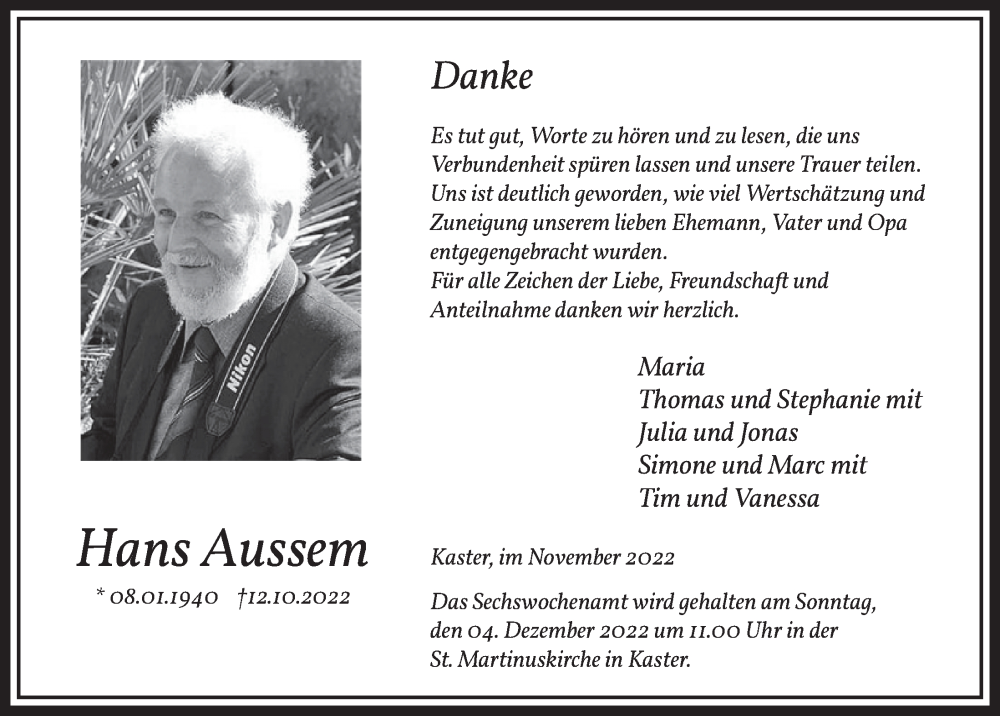  Traueranzeige für Hans Aussem vom 25.11.2022 aus  Werbepost 