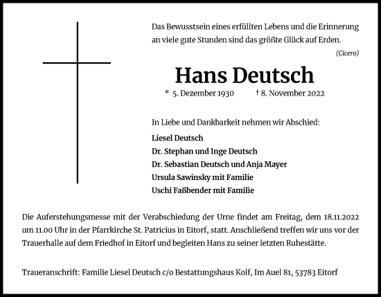 Anzeige von Hans Deutsch von Kölner Stadt-Anzeiger / Kölnische Rundschau / Express