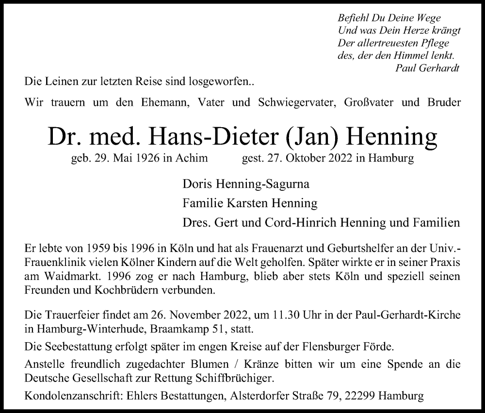  Traueranzeige für Hans-Dieter Henning vom 19.11.2022 aus Kölner Stadt-Anzeiger / Kölnische Rundschau / Express