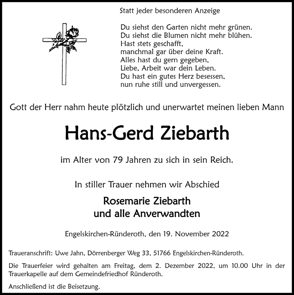  Traueranzeige für Hans-Gerd Ziebarth vom 25.11.2022 aus  Anzeigen Echo 