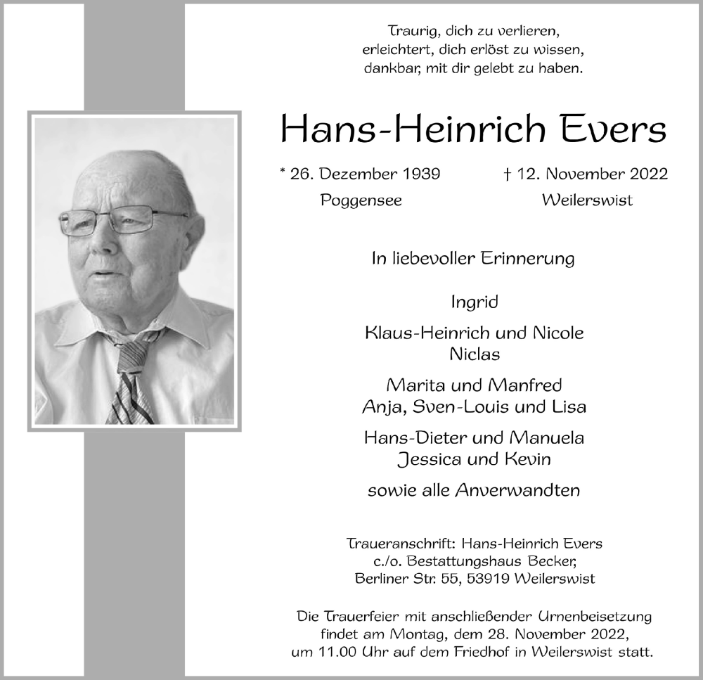  Traueranzeige für Hans-Heinrich Evers vom 26.11.2022 aus  Blickpunkt Euskirchen 