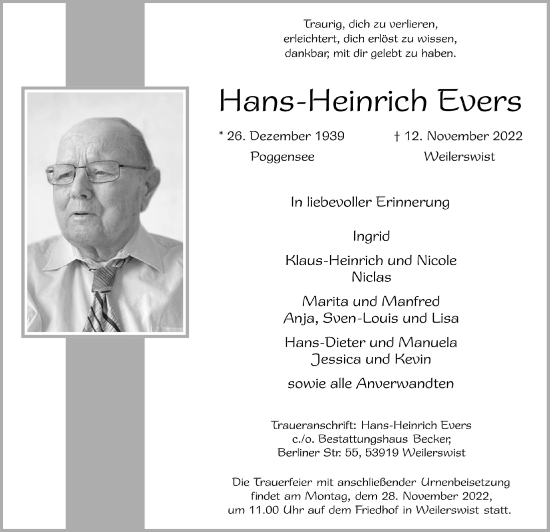 Anzeige von Hans-Heinrich Evers von  Blickpunkt Euskirchen 