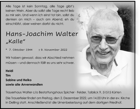 Anzeige von Hans-Joachim Walter von Kölner Stadt-Anzeiger / Kölnische Rundschau / Express