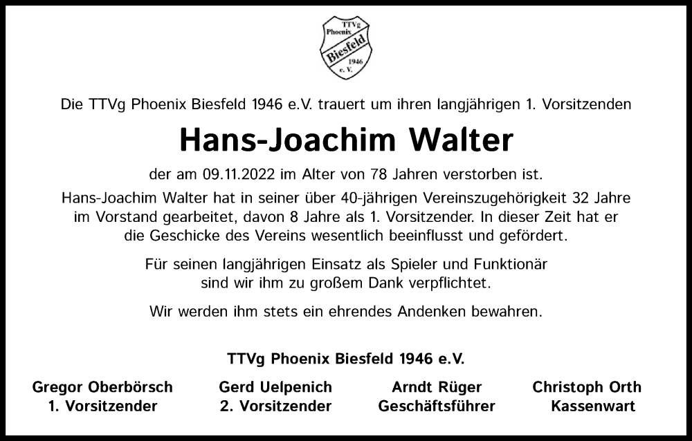  Traueranzeige für Hans-Joachim Walter vom 26.11.2022 aus Kölner Stadt-Anzeiger / Kölnische Rundschau / Express