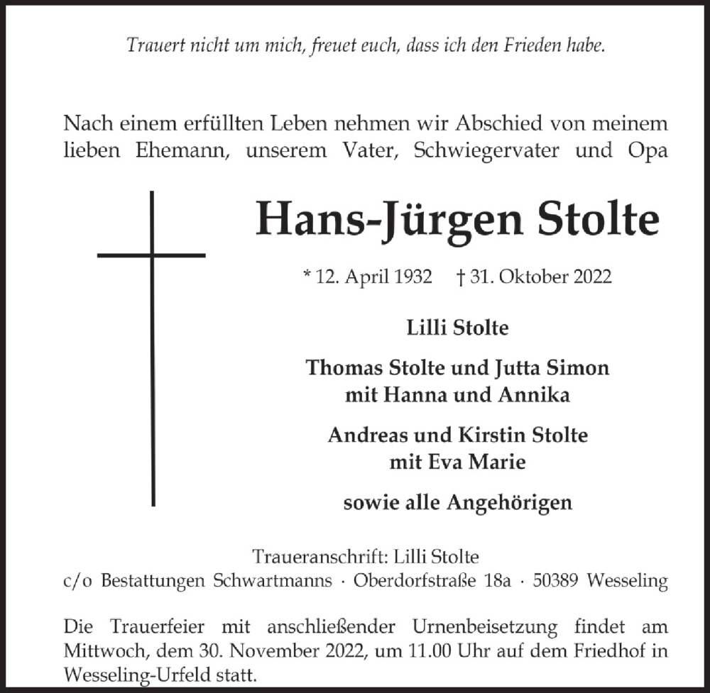  Traueranzeige für Hans-Jürgen Stolte vom 18.11.2022 aus  Schlossbote/Werbekurier 