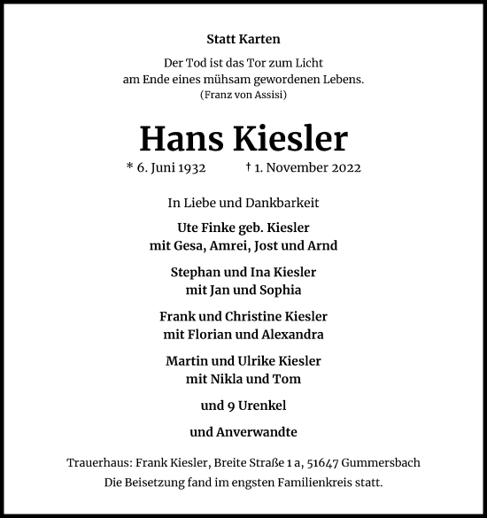 Anzeige von Hans Kiesler von Kölner Stadt-Anzeiger / Kölnische Rundschau / Express