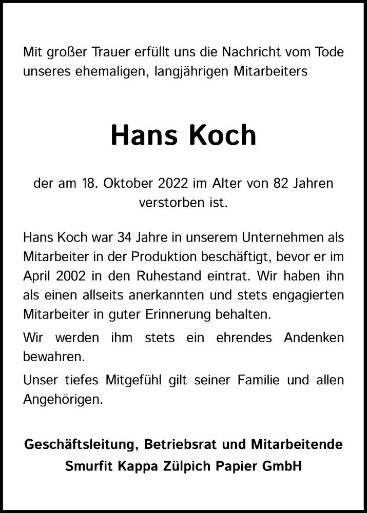  Traueranzeige für Hans Koch vom 05.11.2022 aus Kölner Stadt-Anzeiger / Kölnische Rundschau / Express