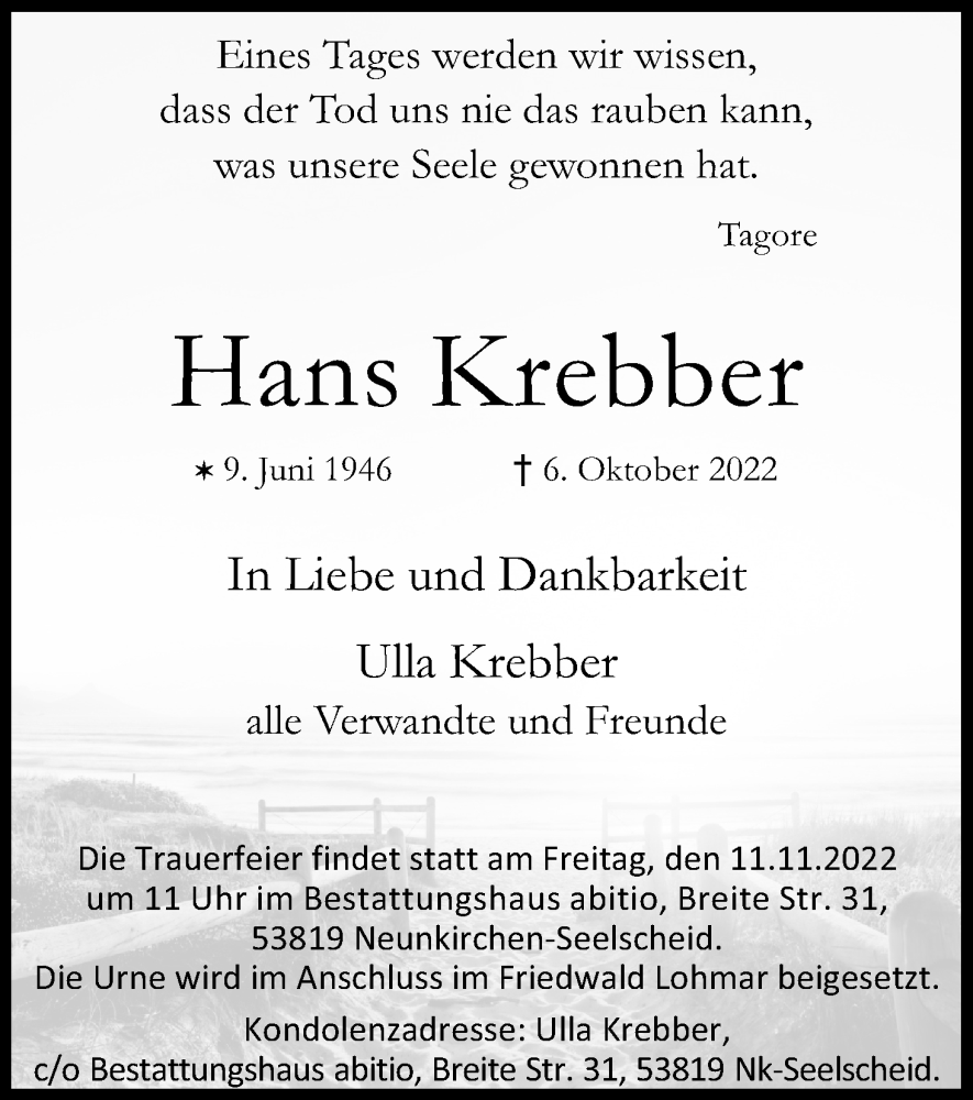  Traueranzeige für Hans Krebber vom 05.11.2022 aus Kölner Stadt-Anzeiger / Kölnische Rundschau / Express