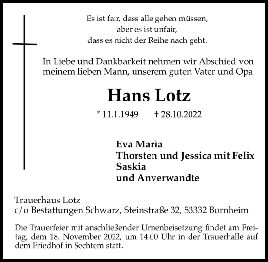 Anzeige von Hans Lotz von  Schlossbote/Werbekurier 