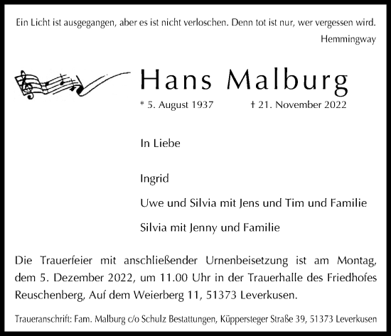 Anzeige von Hans Malburg von Kölner Stadt-Anzeiger / Kölnische Rundschau / Express