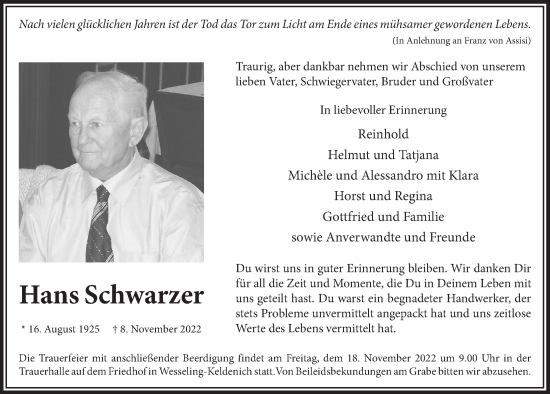 Anzeige von Hans Schwarzer von  Schlossbote/Werbekurier 