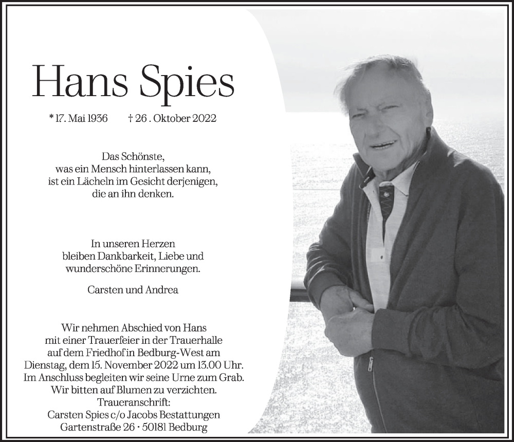  Traueranzeige für Hans Spies vom 11.11.2022 aus  Werbepost 