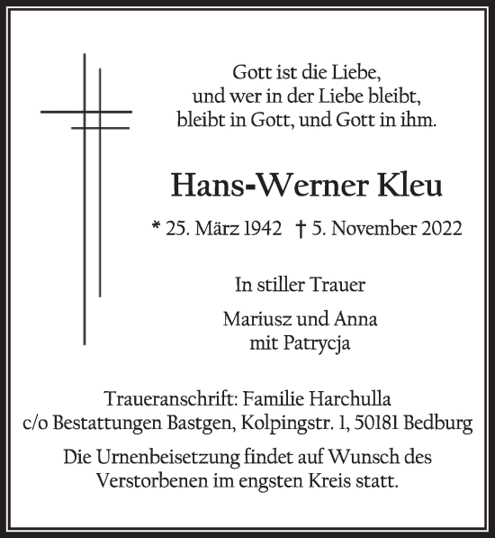 Anzeige von Hans-Werner Kleu von  Wochenende  Werbepost 