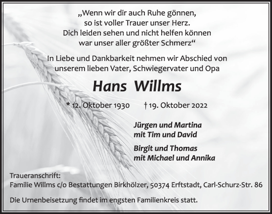 Anzeige von Hans Willms von  Werbepost 