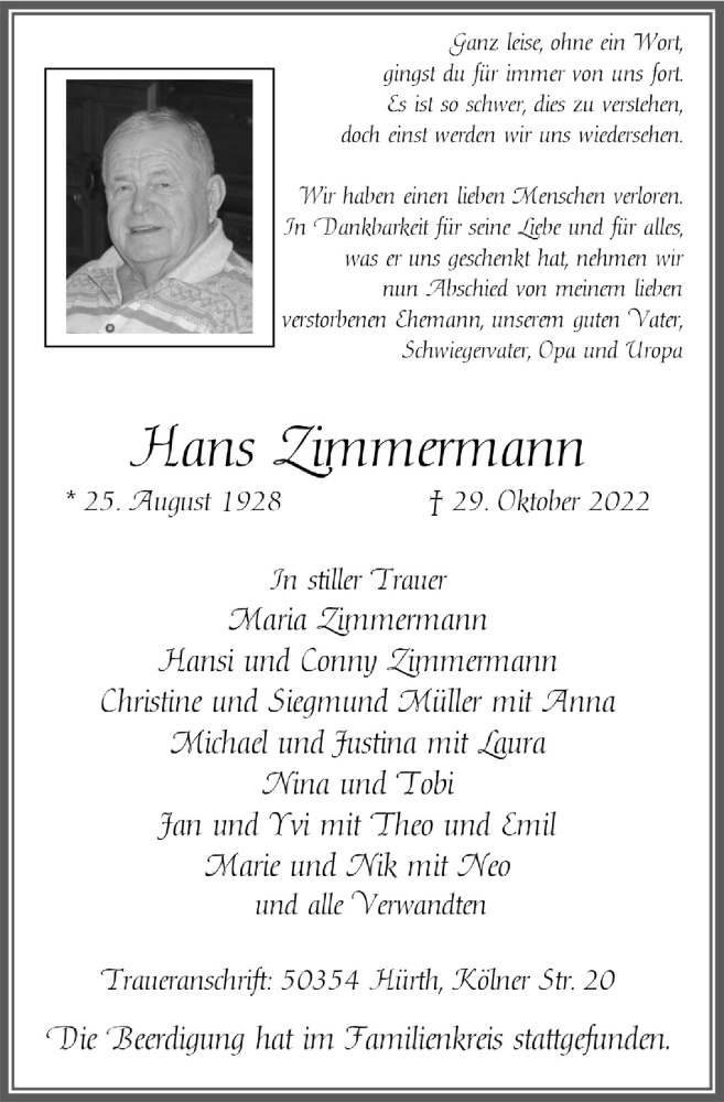  Traueranzeige für Hans Zimmermann vom 11.11.2022 aus  Wochenende 