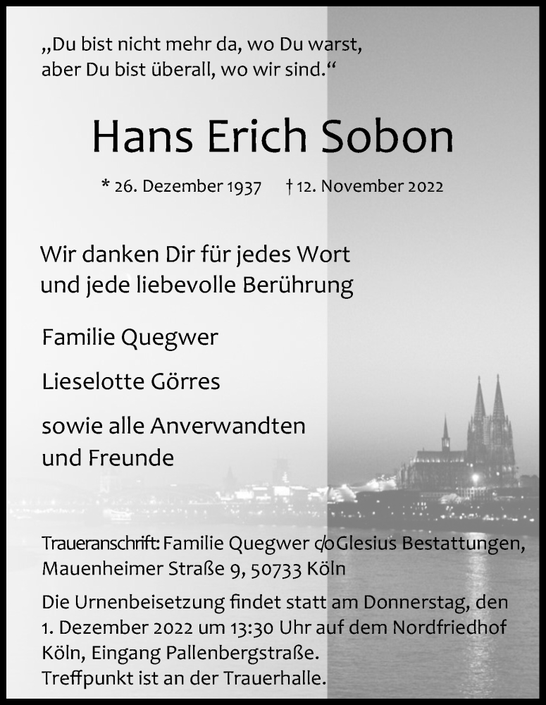  Traueranzeige für Hans Erich Sobon vom 26.11.2022 aus Kölner Stadt-Anzeiger / Kölnische Rundschau / Express