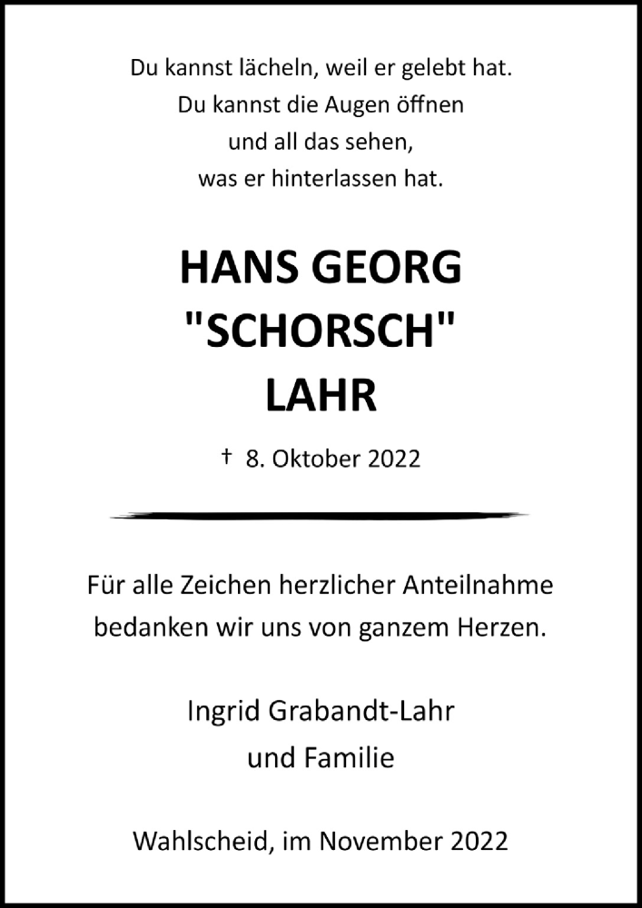  Traueranzeige für Hans Georg Lahr vom 18.11.2022 aus  Anzeigen Echo 