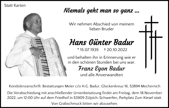 Anzeige von Hans Günter Badur von  Schaufenster/Blickpunkt 