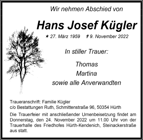 Anzeige von Hans Josef Kügler von  Wochenende  Schaufenster/Blickpunkt 