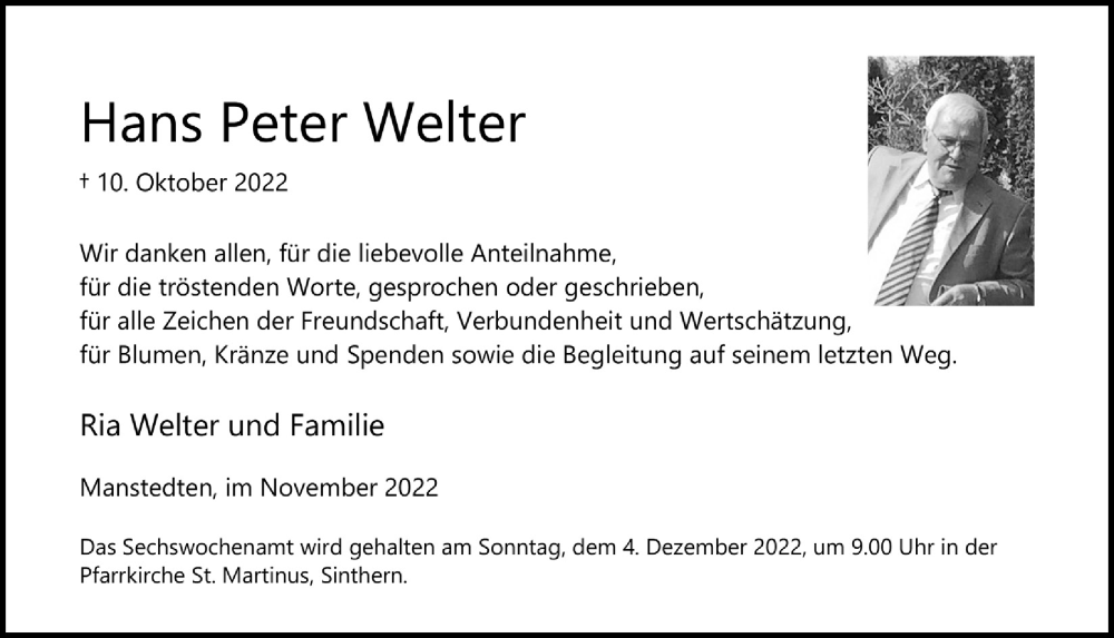  Traueranzeige für Hans Peter Welter vom 25.11.2022 aus  Wochenende 