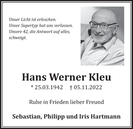 Anzeige von Hans Werner Kleu von  Werbepost 