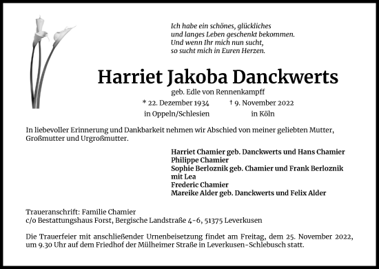 Anzeige von Harriet Jakoba Danckwerts von Kölner Stadt-Anzeiger / Kölnische Rundschau / Express